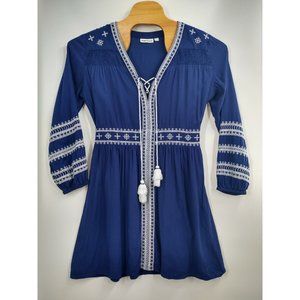 Roller Rabbit Large Navy Blue Tassel Embroidered Boho Peasant Mini Dress